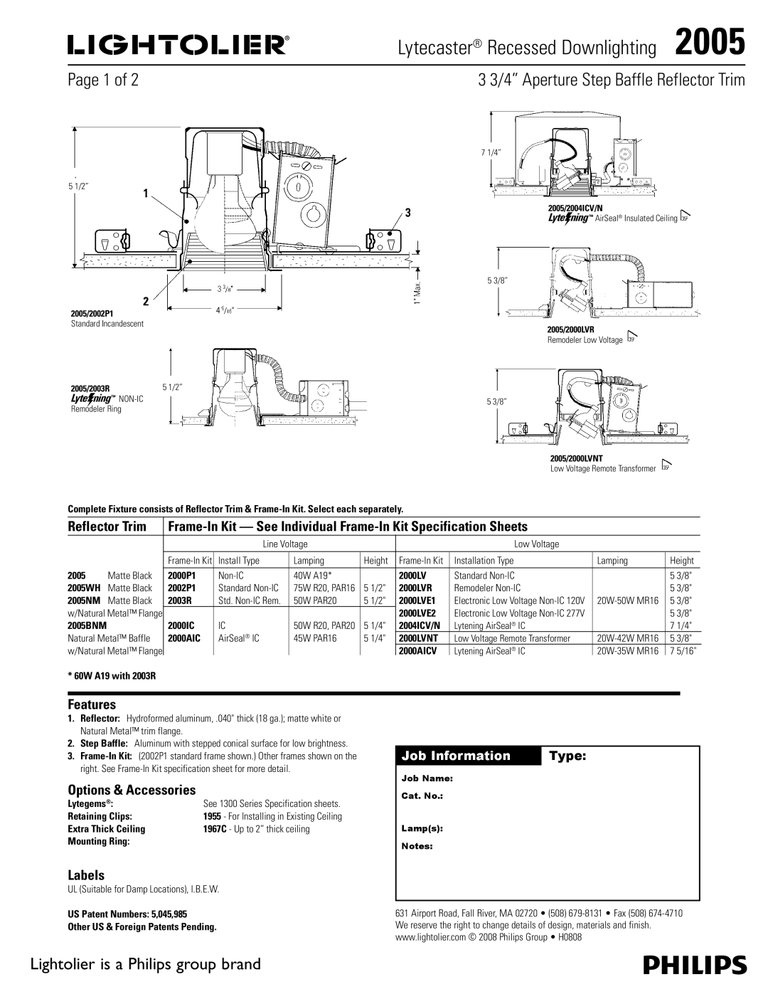 Lightolier 2005 specifications Lytecaster Recessed Downlighting , Aperture Step Baffle Reflector Trim, Features, Labels 